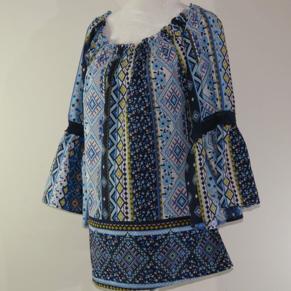 Mileage Blue Multicolor Print 3/4-Sleeve Wide Elastic Neck Blouse Size L (C1185) - Picture 4 of 7